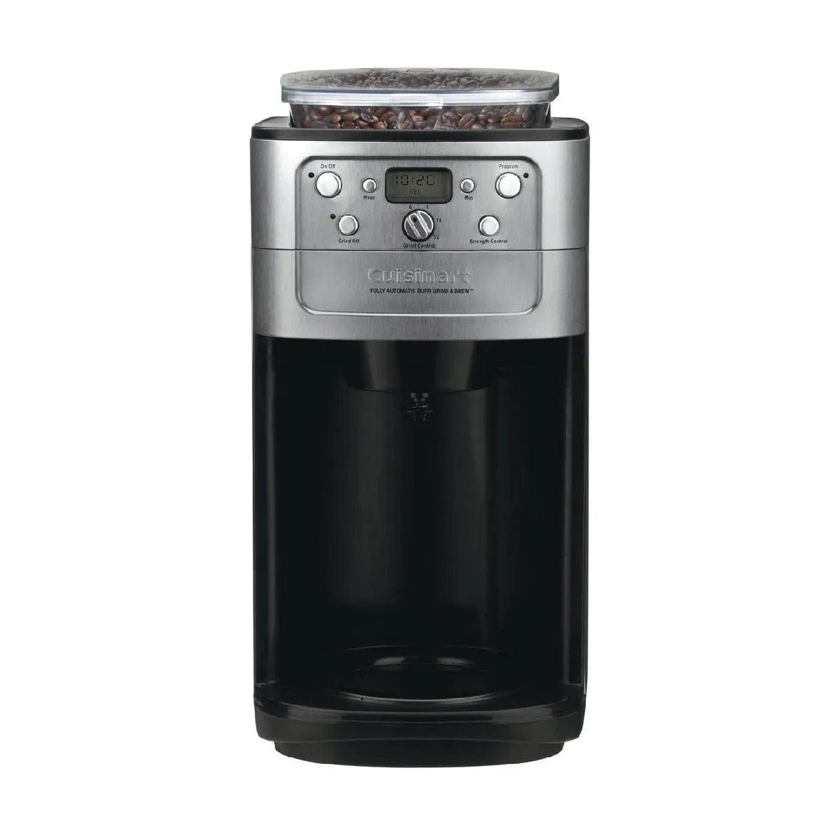 The Cuisinart® Burr Grind & Brew™ Thermal 12-Cup Automatic Coffee Maker DGB-900BC features a silver and black design with a transparent bean hopper, digital display, control buttons, and branded front panel for perfect burr ground coffee every time.