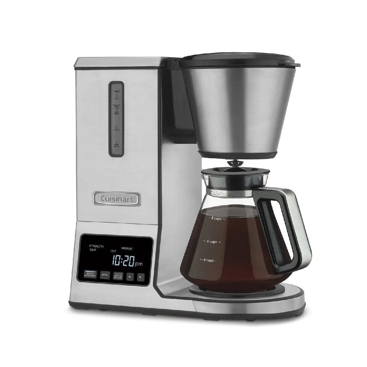 The Cuisinart PurePrecision™ 8-Cup Pour-Over Coffee Maker CPO-800C features a stainless steel design, glass carafe with coffee, digital display, buttons, and water level indicator—shown against a plain white background.