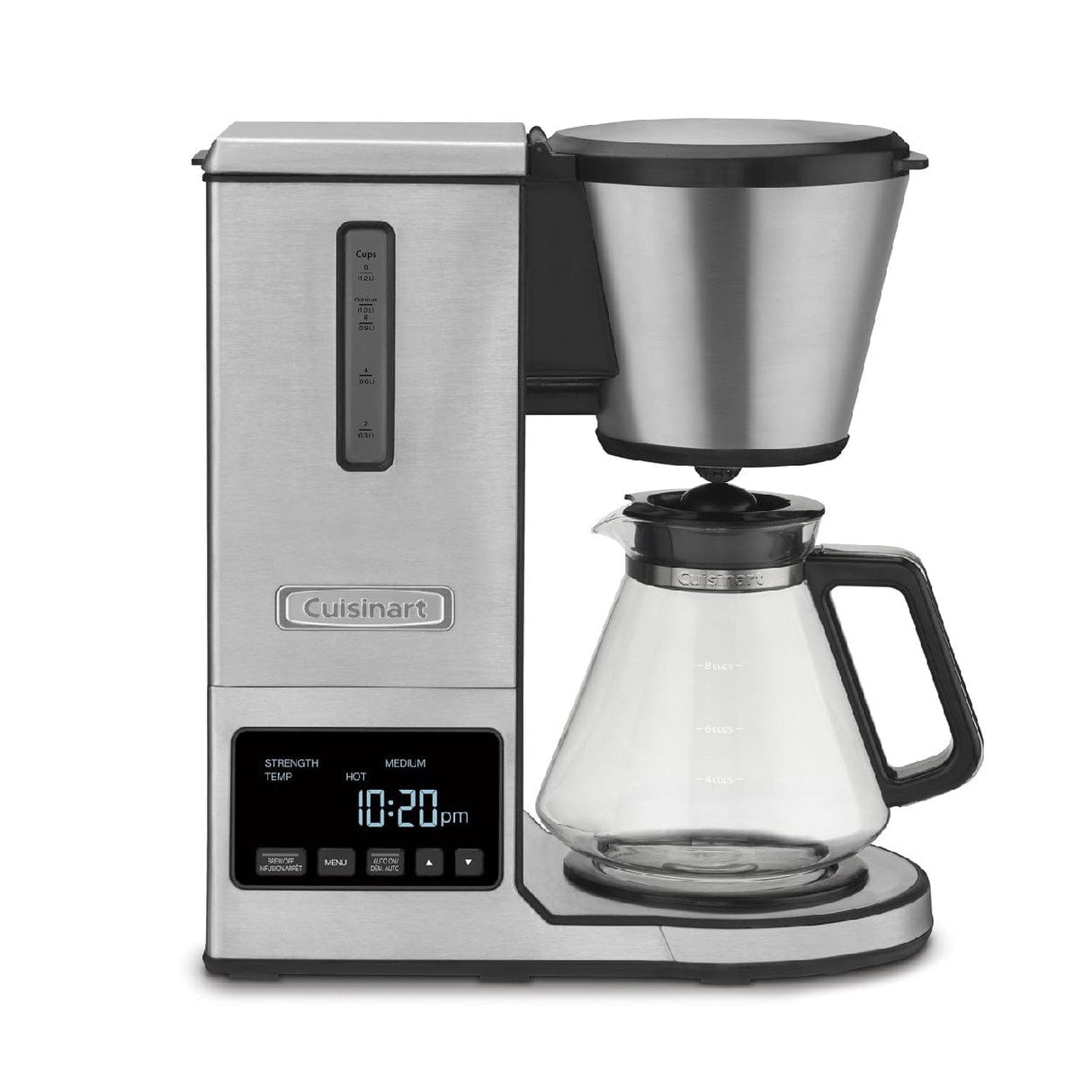 The Cuisinart PurePrecision™ 8-Cup Pour-Over Coffee Maker (CPO-800C) features a stainless steel design, digital display showing 10:20 p.m., precision brewing controls, a see-through water reservoir indicator, and a glass carafe on the warming plate.