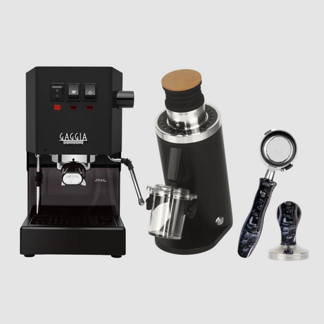Gaggia Classic Pro E24 Thunder Black, DF54 (Black) Grinder, Bottomless Portafilter, & Tamper Bundle Espresso Machine Gaggia