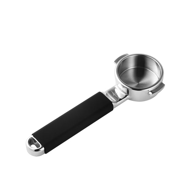 The MHW-3BOMBER YU Series Unibody Bottomless Portafilter 58mm features a stainless steel unibody, black handle, and precision filter holes for optimal extraction efficiency on a white background.
