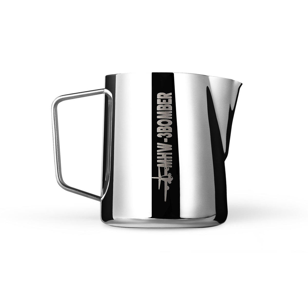 A shiny metal 500ml pitcher with handle and spout, featuring “BHVY-38 BOMBER” and an airplane graphic—part of the MHW-3BOMBER Latte Art Trio Bundle by MHW-3BOMBER.