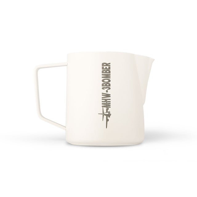 The MHW-3BOMBER Latte Art Trio Bundle features a 500ml white pitcher with a straight handle, spout, and bomber plane graphic—ideal for any MHW-3BOMBER enthusiast.
