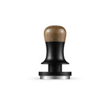 The MHW-3BOMBER Master Barista Set Bundle features a metal coffee tamper with a wooden handle and black grip, shown front view and isolated on white—ideal for espresso accessories.