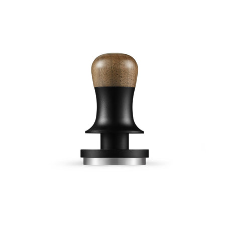 The MHW-3BOMBER Master Barista Set Bundle features a metal coffee tamper with a wooden handle and black grip, shown front view and isolated on white—ideal for espresso accessories.