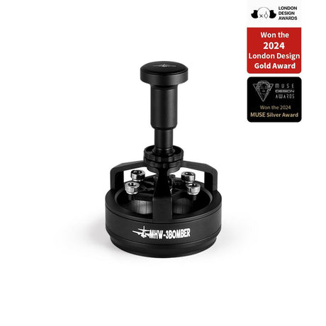 The MHW-3BOMBER YU-Series Cyclone Needle WDT Distributor Tool 58mm (Black), a double award-winner for 2024 London Design Gold and MUSE Silver, stands upright—ideal for your 58mm portafilter.