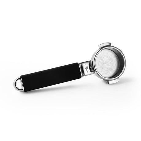 The MHW-3BOMBER YU Series Unibody Bottomless Portafilter 58mm has a stainless steel body, black handle, and precision filter holes for optimal extraction, shown against a white background.
