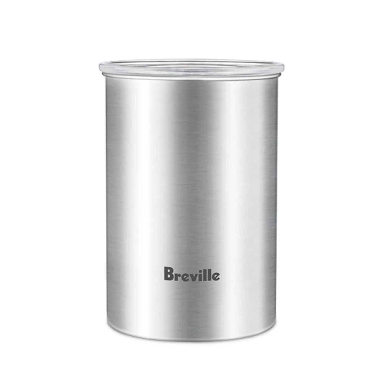 A stainless steel Breville Bean Keeper Coffee Canister BES030BSS, shown on a white background, features the Breville logo on the front and a transparent lid. Designed to complement Breville espresso machines.