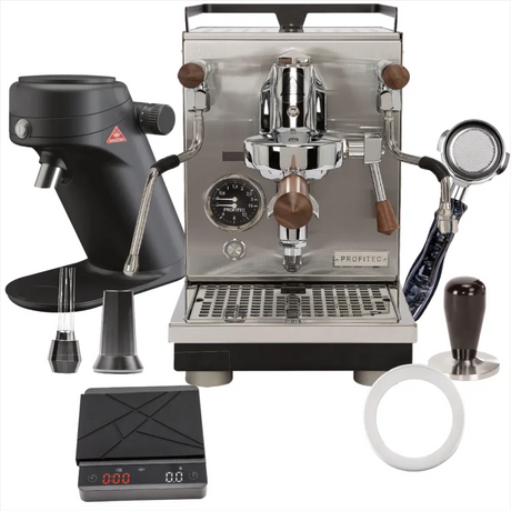 Profitec Jump Espresso Machine & MAHLKÖNIG X64SD Grinder(Black), WDT tool, Bottomless Portafilter, Scale, Dosing Funnel “Ready To” Bundle, including a tamper.