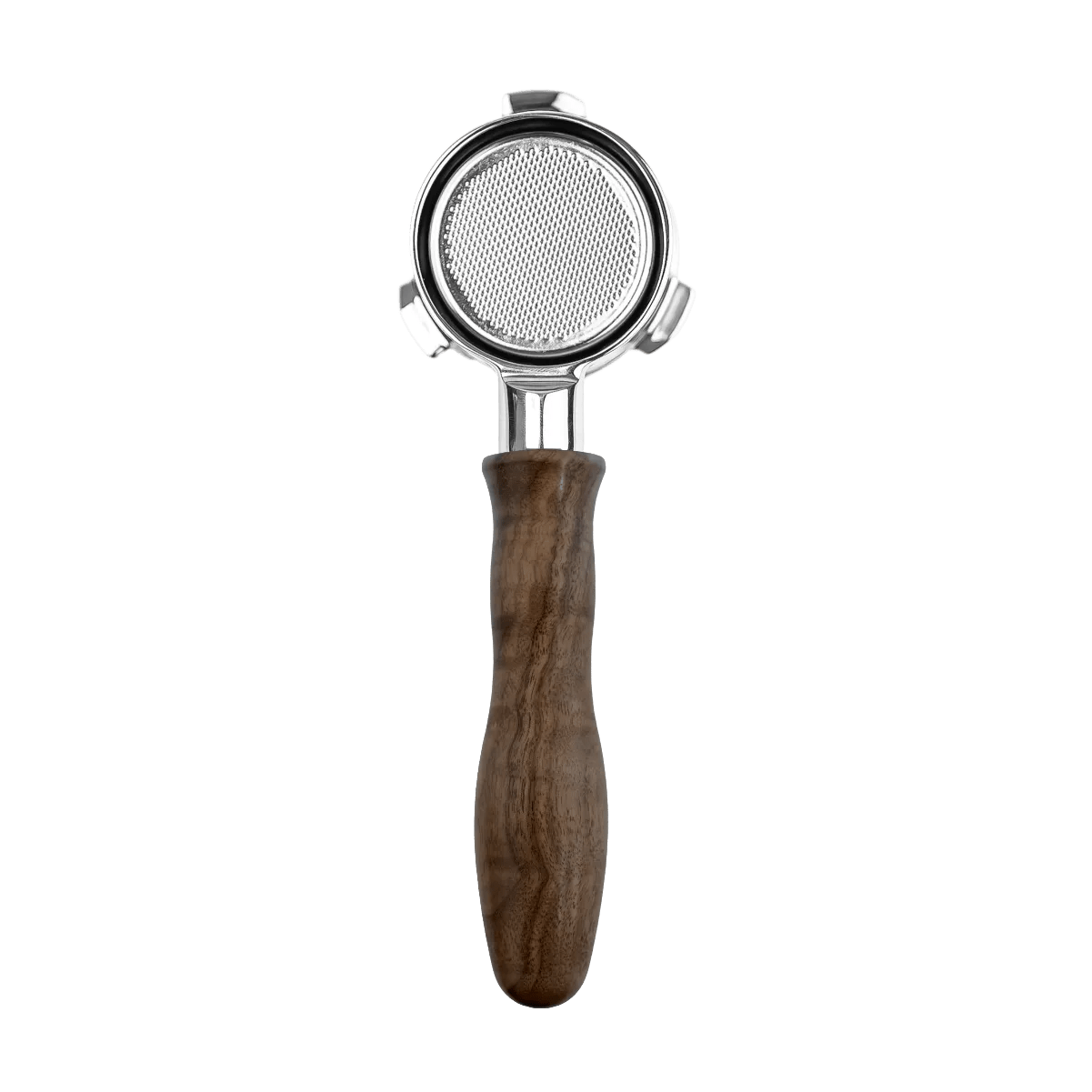 The HCS Bottomless Portafilter (Brown Wood) by HCS, featuring a metal body, round mesh filter, and wooden handle for espresso machines, is displayed against a plain background.