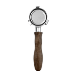 The HCS Bottomless Portafilter (Brown Wood) by HCS, featuring a metal body, round mesh filter, and wooden handle for espresso machines, is displayed against a plain background.