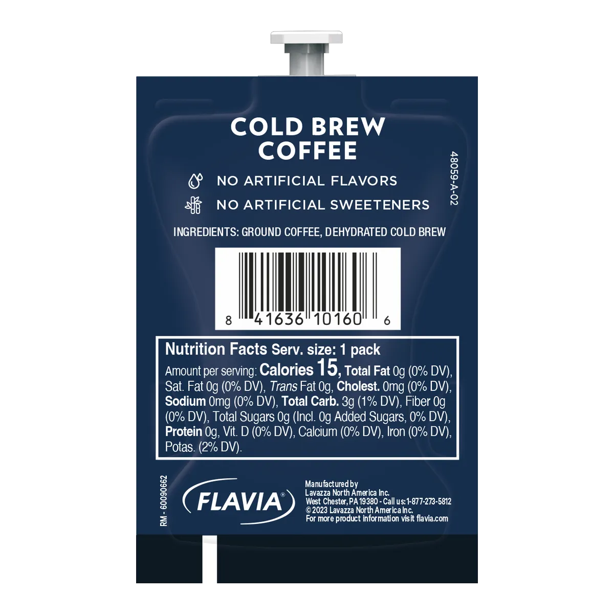 A blue Lavazza Cold Brew Flavia Freshpacks packet features a "Cold Brew Coffee" label, nutrition facts, barcode, and a list indicating no artificial flavors or sweeteners. The ingredients—ground coffee and dehydrated cold brew—are displayed. Designed for use in Flavia Brewers, this product comes in convenient Freshpacks with the Lavazza brand at the bottom. Available as a case of 80.