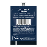 A blue Lavazza Cold Brew Flavia Freshpacks packet features a "Cold Brew Coffee" label, nutrition facts, barcode, and a list indicating no artificial flavors or sweeteners. The ingredients—ground coffee and dehydrated cold brew—are displayed. Designed for use in Flavia Brewers, this product comes in convenient Freshpacks with the Lavazza brand at the bottom. Available as a case of 80.