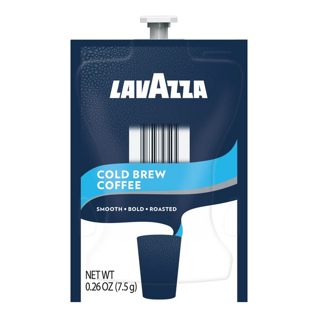 Lavazza Cold Brew Flavia Freshpacks (Case of 80) feature a blue design, a cup graphic, and the text “Smooth • Bold • Roasted.” Each single-serve pouch is perfect for making iced coffee in your Flavia Brewer and has a net weight of 0.26 oz (7.5 g).