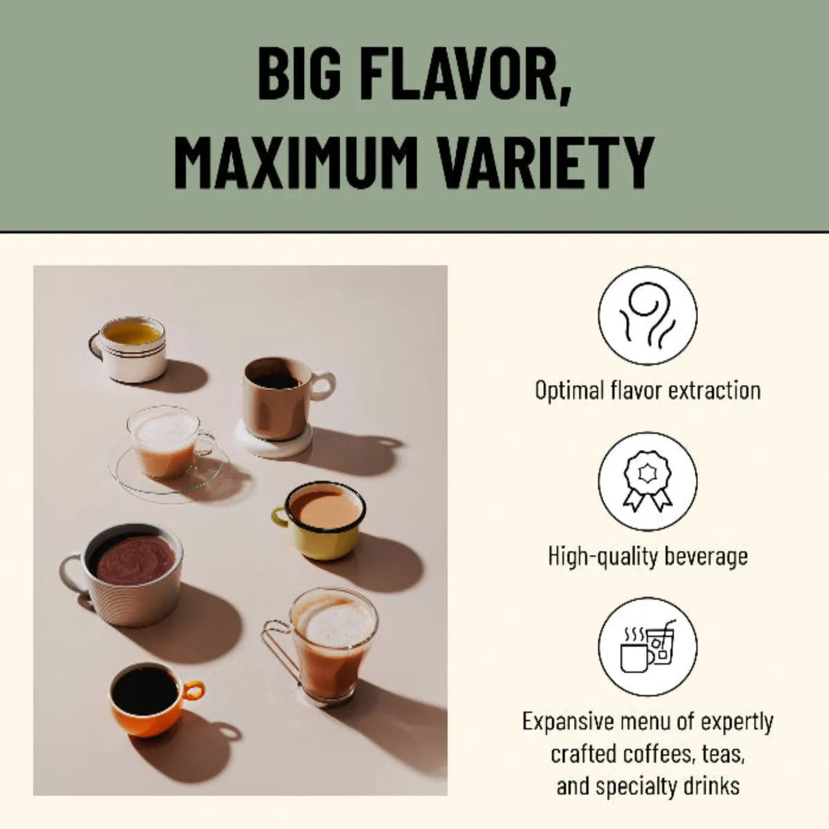 Five coffee mugs with various drinks sit on a beige surface under dramatic shadows. Above, text reads "Big Flavor, Maximum Variety," featuring options like Lavazza Decaf Medium Roast Coffee Freshpacks for Flavia brewers.