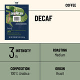 Lavazza Decaf Medium Roast Coffee Freshpacks (Case of 76) for Flavia brewers: intensity 3/5, medium roast, 100% Arabica from Brazil. "DECAF" appears in bold above the product details.