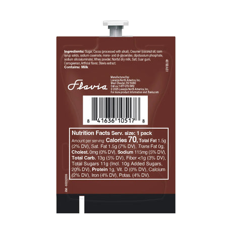 Back of a Flavia Cocoa Bliss Hot Chocolate Freshpacks (Case of 72) packet showing ingredients, nutrition facts, barcode, and a pull tab. The label lists calories, sugars, fat content, and states it's compatible with Flavia Creation brewers.