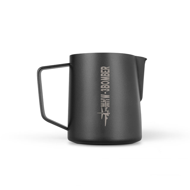 The MHW-3BOMBER Latte Art Trio Bundle features a matte black 500ml pitcher with handle, spout, “BOMBER” text, and plane graphic, shown against a white background.