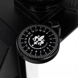 A close-up of the Eureka Mignon Zero 55s Single Dose Coffee Grinder (White) adjustment dial, numbered 1–24 from "COARSE" to "FINE," featuring a fleur-de-lis design at the center.