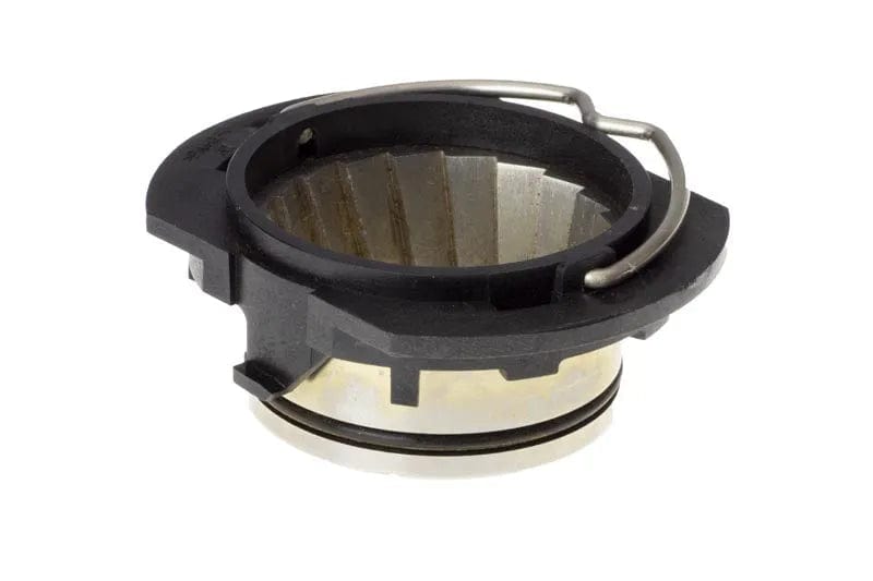 The Delonghi Parts: Grinder: 5513201069, featuring a metallic and black plastic construction, serves as the burr holder for the La Specialista Arte by DeLonghi. This conical burr is encased in a holder equipped with a notch and metal clip on the side, ensuring it fits seamlessly into the Delonghi grinder assembly and facilitates efficient coffee bean grinding.