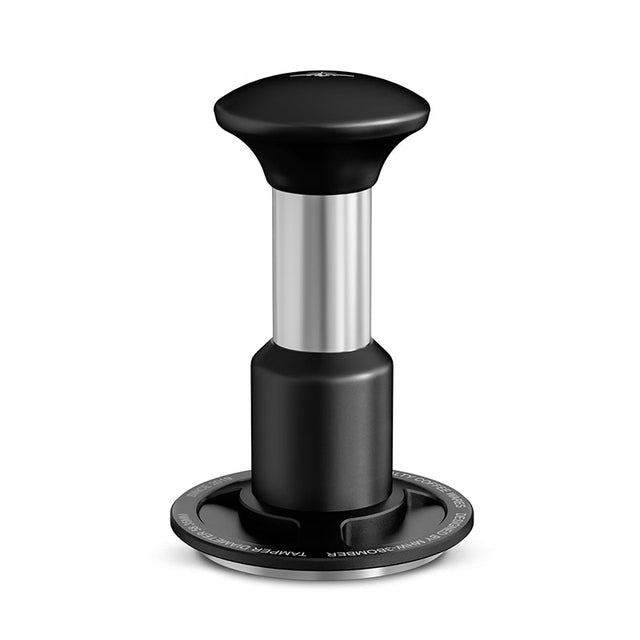 The MHW-3BOMBER Knight Impact Tamper 58.35mm (Black) features a round handle, flat base, and 4-spring internal design, shown standing upright on a white background.