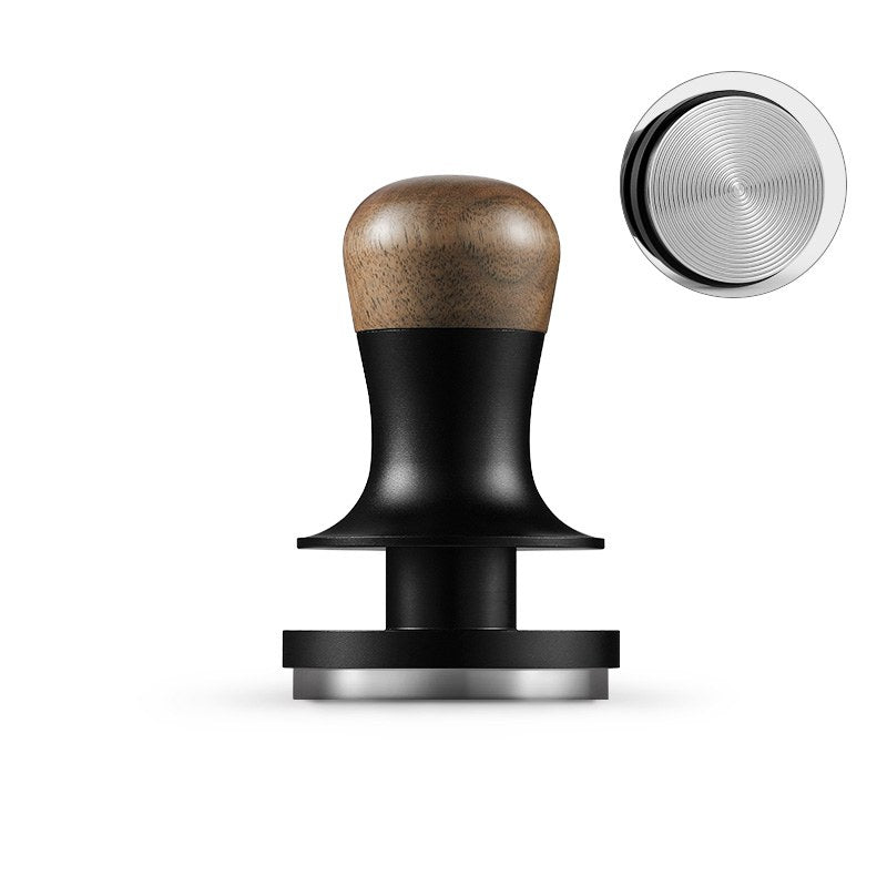 The MHW-3BOMBER Flash Tamper 30lbs Constant Pressure Espresso Tamper 2.0 Sound Feedback with Ripple Base (Walnut) is shown upright with a close-up highlighting its flat, ridged base for precise tamping.