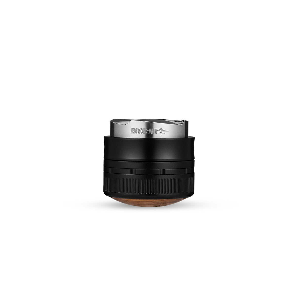 The MHW-3BOMBER Coffee Gravity Distributor 58.35mm features a black and silver cyclone-shaped base with a wooden finish, shown against a plain white background.
