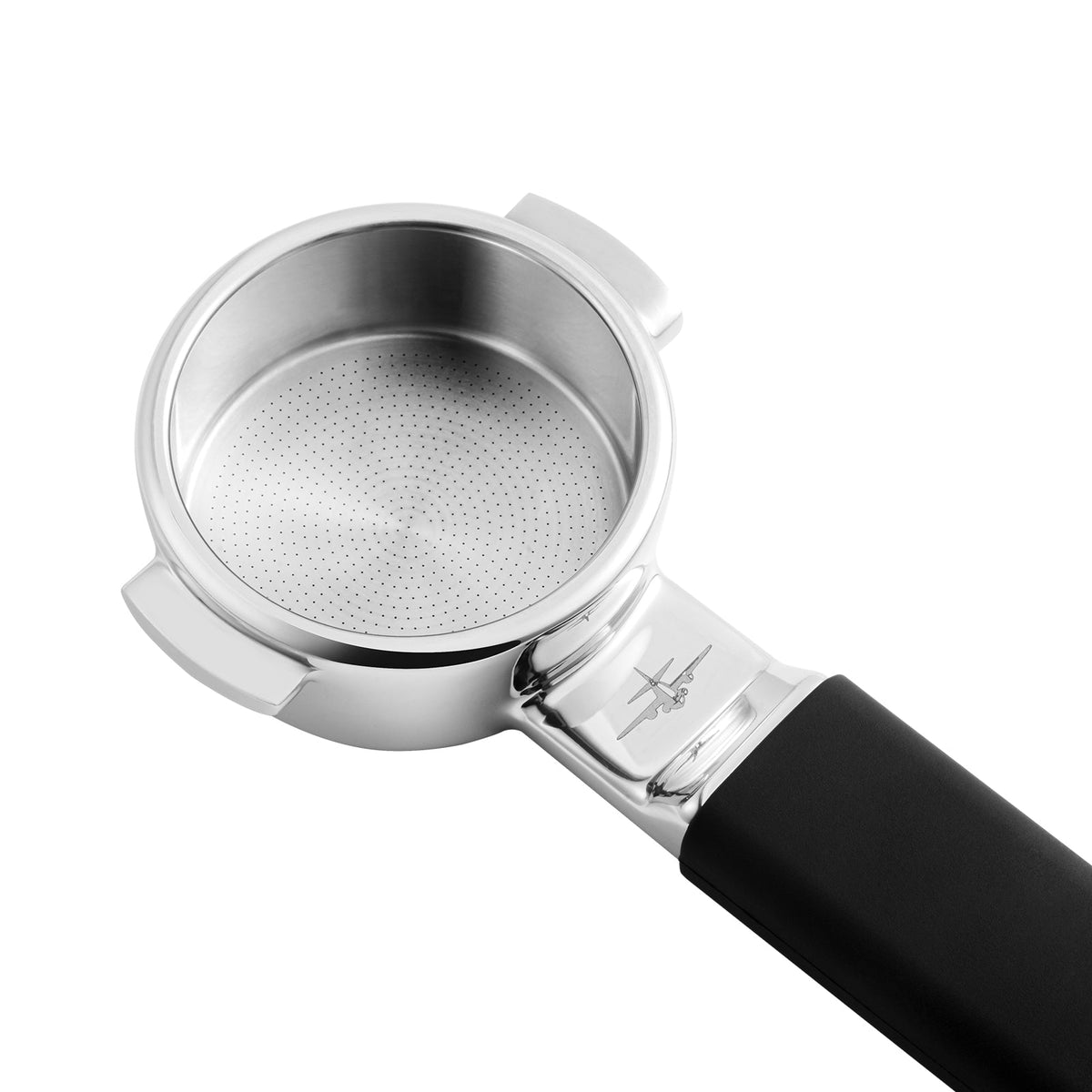 A top view of the MHW-3BOMBER YU Series Unibody Bottomless Portafilter 58mm showcases its black handle and precision filter holes for optimal extraction.