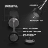 A labeled diagram shows the Subminimal V2 NanoFoamer (Black) by Subminimal, with bubbles entering above, microfoam for latte art exiting a superfine nanoscreen, plus a robust shaft and replaceable impeller.