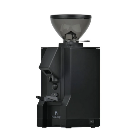 A Eureka Mignon Manuale Grinder (Black) by Eureka, featuring flat burrs, a transparent bean hopper, and angled chute in a minimalist design, is displayed against a plain white background.