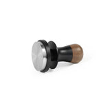 The MHW-3BOMBER Flash Tamper 30lbs Constant Pressure Espresso Tamper 2.0 Sound Feedback with Ripple Base (Walnut) features a ripple base, black midsection, and walnut handle on a white background.
