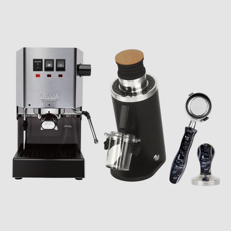 Gaggia Classic Pro E24 Stainless Steel & DF54 (Black) Grinder, Bottomless Portafilter, & Tamper Bundle Espresso Machine Gaggia