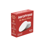 AeroPress XL Micro-Filters (1 Pack, 200 Count) by AeroPress come in a red box showing stacked white filters, labeled "Smooth & grit-free coffee," "200 pack," and highlighting these biodegradable micro-filtration filters for AeroPress XL.