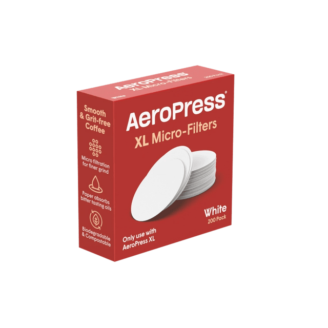 AeroPress XL Micro-Filters (1 Pack, 200 Count) by AeroPress come in a red box showing stacked white filters, labeled "Smooth & grit-free coffee," "200 pack," and highlighting these biodegradable micro-filtration filters for AeroPress XL.