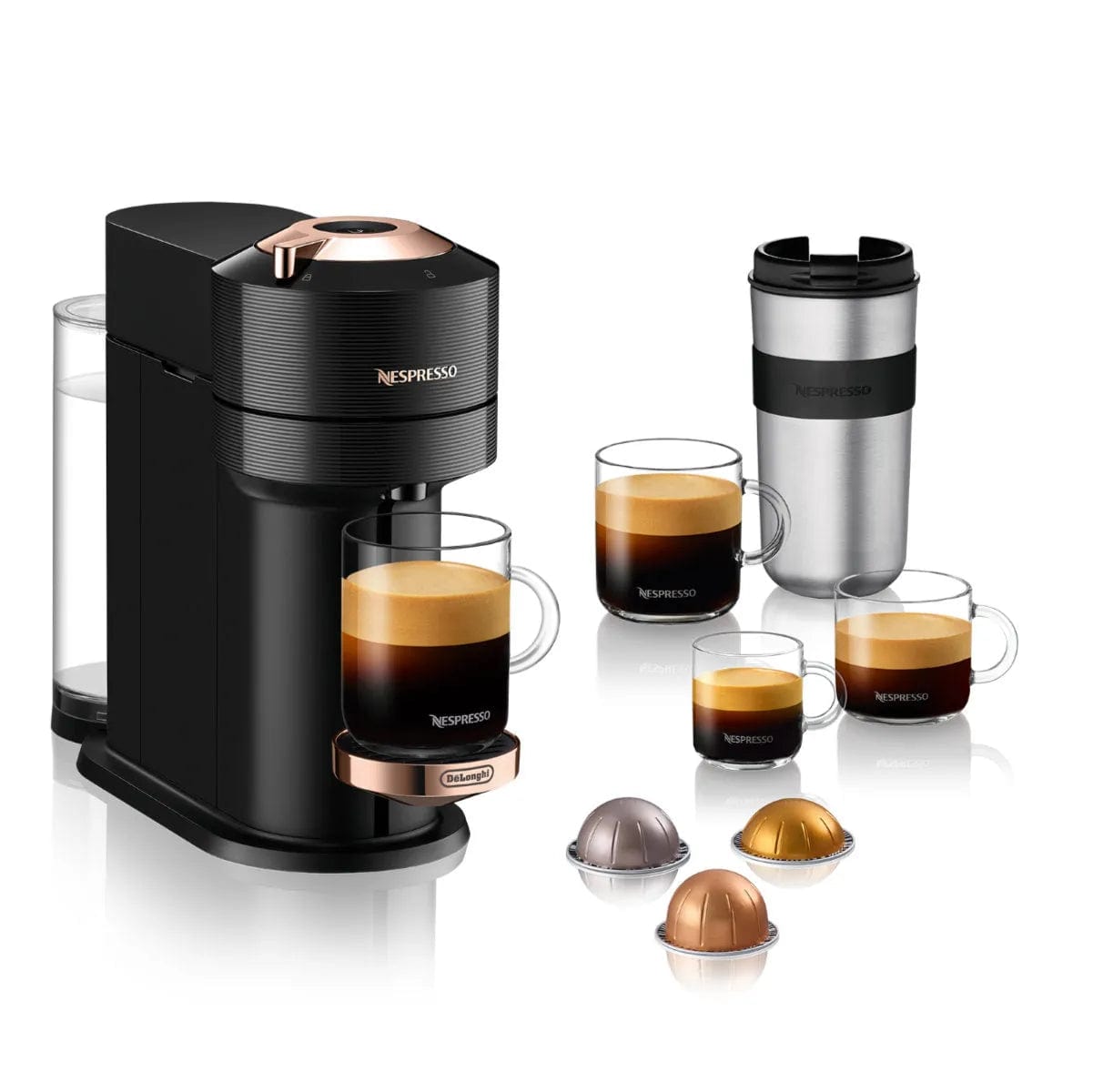 A Nespresso Vertuo Next Premium Coffee and Espresso Machine with Aeroccino by De'Longhi (Black with Rose Gold) is displayed alongside three glass coffee mugs filled with coffee, a travel mug, and four assorted coffee pods, featuring advanced Centrifusion Extraction Technology for a perfect brew every time.