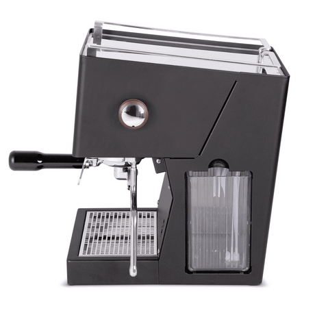 Side view of the lelit Quick Mill Pop-Up Semi-Automatic Espresso Machine 02044-A-XX-NE (Black) with PID Temperature Control, portafilter handle, drip tray, and transparent water reservoir—sleek compact design fits any kitchen.