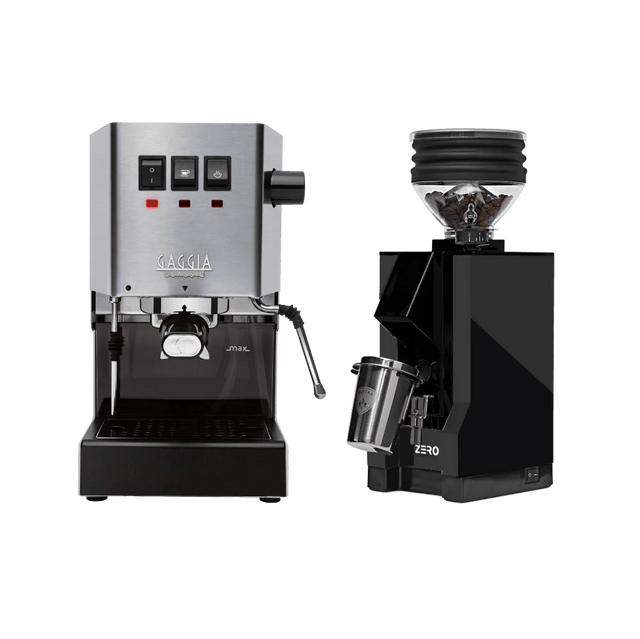 Gaggia Classic E24 Stainless Steel & Eureka Mignon Zero 55 Matte Black with Black Spout Grinder Bundle Espresso Machine Gaggia