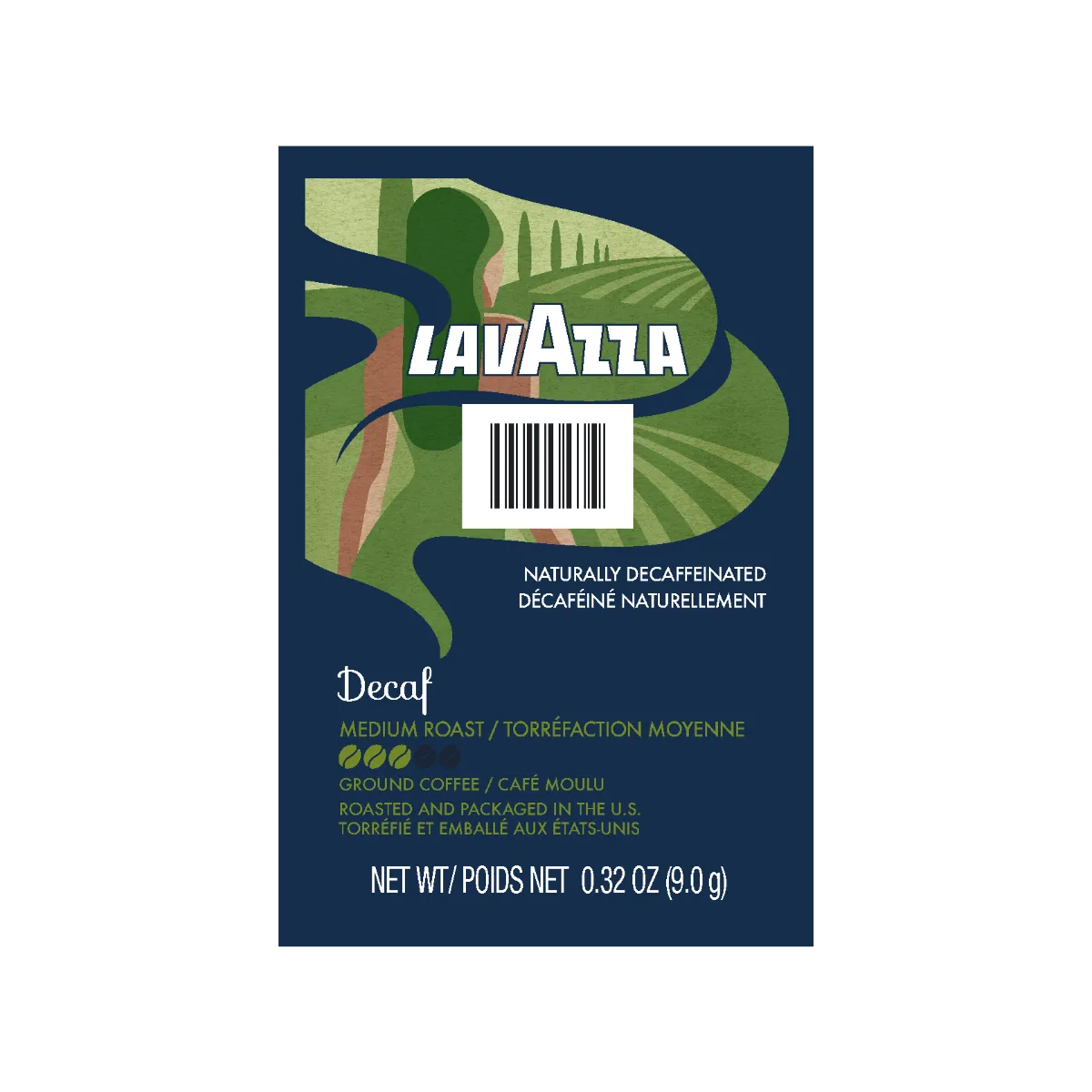 Lavazza Decaf Medium Roast Coffee Freshpacks (Case of 76), from Lavazza, are 0.32 oz packets of medium roast ground coffee made with 100% Arabica decaf beans. Compatible with Flavia brewers, these Freshpacks feature nature-inspired graphics and product information in both English and French on a dark blue background.