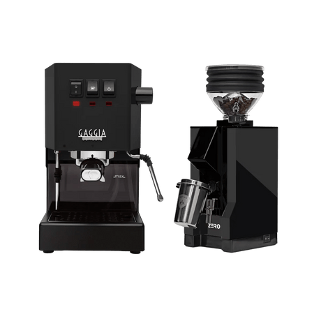 The Gaggia CYBER BUNDLE includes the Classic E24 Black Espresso Machine and Eureka Mignon Zero 55 Matte Black with Black Spout Grinder, both displayed side by side on a plain white background.