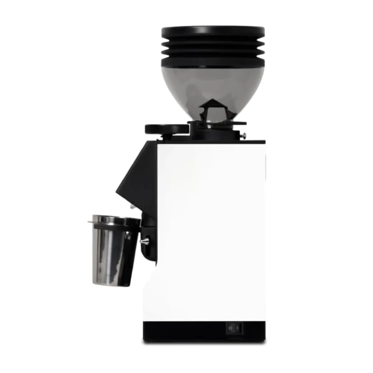 The Eureka Mignon Zero 55s Single Dose Coffee Grinder (White) by Eureka features a large black hopper, sleek white rectangular body, and a stainless steel grounds container on the left, shown against a plain background.