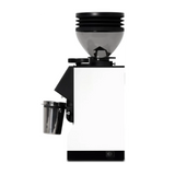 The Eureka Mignon Zero 55s Single Dose Coffee Grinder (White) by Eureka features a large black hopper, sleek white rectangular body, and a stainless steel grounds container on the left, shown against a plain background.