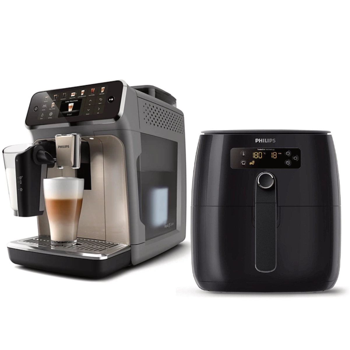 A Philips 5500 EP5544/90 (Grey Chrome) espresso machine brews a latte next to a Philips Digital Airfryer HD9621/96 (Black), both from Philips, elegantly displayed on a white background.