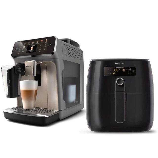 A Philips 5500 EP5544/90 (Grey Chrome) espresso machine brews a latte next to a Philips Digital Airfryer HD9621/96 (Black), both from Philips, elegantly displayed on a white background.