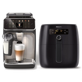 A Philips 5500 EP5544/94 coffee machine (Black Chrome) prepares a latte beside a Philips Digital Airfryer HD9621/96 (Black) with Fat Removal Technology, both shown on a white background.