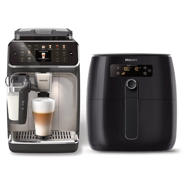 A Philips 5500 EP5544/94 coffee machine (Black Chrome) prepares a latte beside a Philips Digital Airfryer HD9621/96 (Black) with Fat Removal Technology, both shown on a white background.