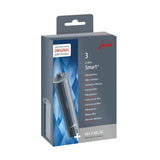 A box labeled "Jura Claris Smart+ 24233 (3x Pack)" displays a sleek black and gray design with blue accents, featuring an image of three water filter cartridges utilizing RFID technology for an intelligent water system. Brand: Jura.