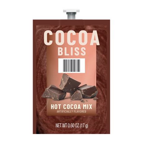 A "Flavia Cocoa Bliss Hot Chocolate Freshpacks (Case of 72)" pouch by Flavia, with chunks of chocolate and labeled "Hot Chocolate Mix, Artificially Flavored, Net Wt 0.60 oz (17 g)"—compatible with Flavia Creation brewers.
