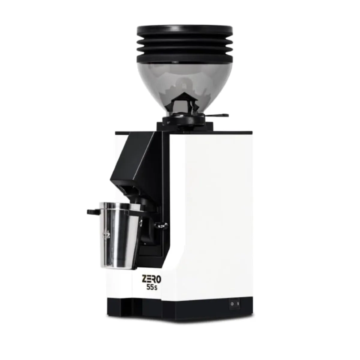 The Eureka Mignon Zero 55s Single Dose Coffee Grinder (White) by Eureka features a black and white design, transparent bean hopper, flat burrs, “ZERO 55s” label on the front, and includes a metal container for collecting ground coffee.