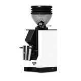 The Eureka Mignon Zero 55s Single Dose Coffee Grinder (White) by Eureka features a black and white design, transparent bean hopper, flat burrs, “ZERO 55s” label on the front, and includes a metal container for collecting ground coffee.