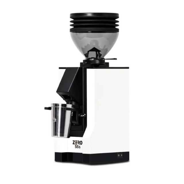 The Eureka Mignon Zero 55s Single Dose Coffee Grinder (White) by Eureka features a black and white design, transparent bean hopper, flat burrs, “ZERO 55s” label on the front, and includes a metal container for collecting ground coffee.